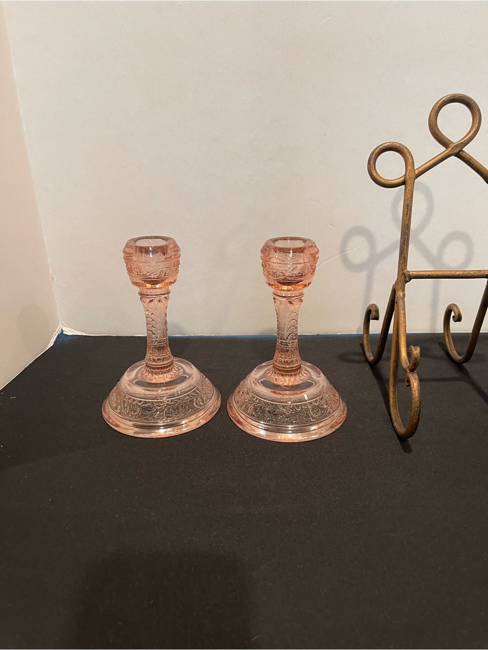 Vintage Pink Depression Glass Cabbage Rose Candle Holders Set of 2